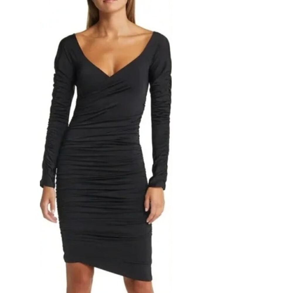 Open Edit Dress Ruched Long Sleeve Faux Wrap Bodycon Knee Length Black Small